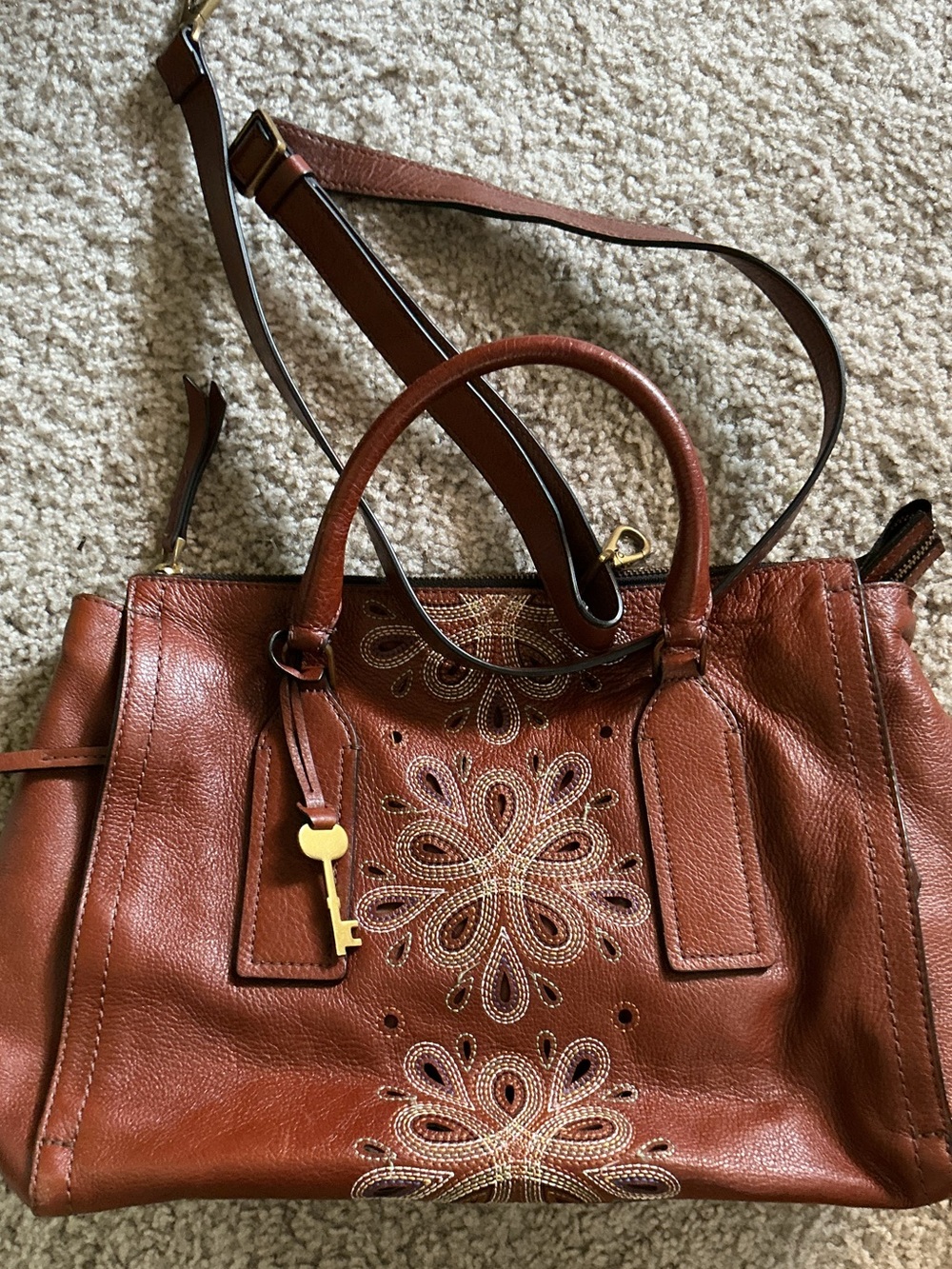 Fossil Brown Leather Embroidered Satchel with Key Charm